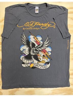 Done Ed Hardy Designs By Christian Aguilar Mens XXL Grey Eagle 77” Tattoo TShirt